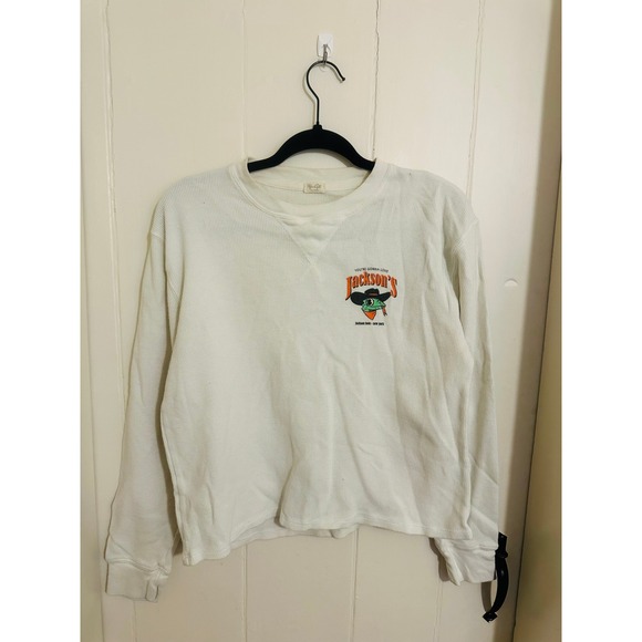 Brandy Melville Tops - Brandy Melville White Waffle Knit Lizard Cowboy Graphic Long Sleeve Top